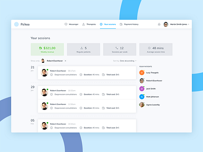 Psikea - Sessions dashboard history interface list mialszygrosz stat timeline ui ux