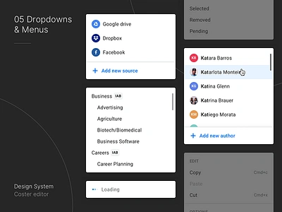 Coster Design System - Dropdowns atomic design component component library design system dropdown dropdown menu form foundations interface menu pixel perfect select box ui ux