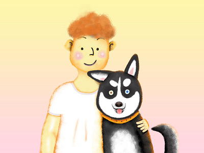 Husky and his master boy dog dog food huskie husky illustration man master people pet puppy