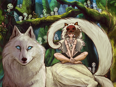 Princess in the Forest animal digital illustration kodama mononoke painting photoshop wacom wolf