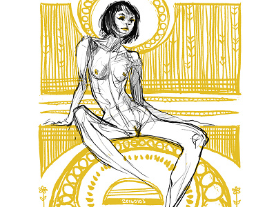 03/366 digital female figure drawing human illustration nude sketch woman yellow