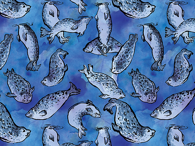 Harbor Seals Pattern animal blue illustration ink pattern pinnipeds redbubble sea life seals