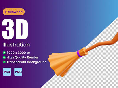 HALLOWEEN BROOMSTICK 3D ICON ILLUSTRATION