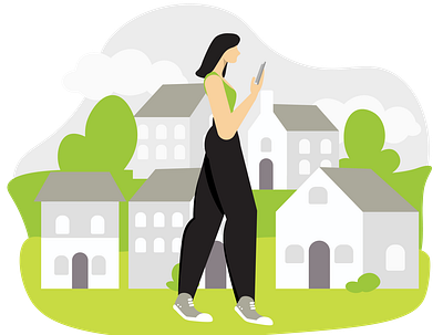 Onsight Media Girl Walking Through Neighborhood on Phone app branding design graphic design illustration ui vector