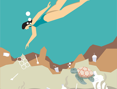 Plastic Pollution Clean Up | Girl Swimming with Turtle app branding design girl graphic design illustration ocean plastic pollution swimming turtle ui vector