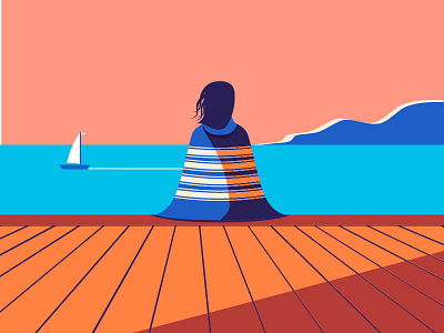 Sitting on the dock of the bay beach boat illustration scenic water woman