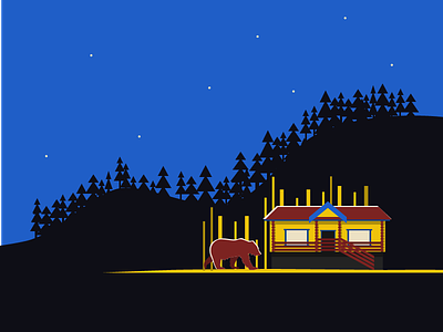 Bear bear cabin in the woods illustration night