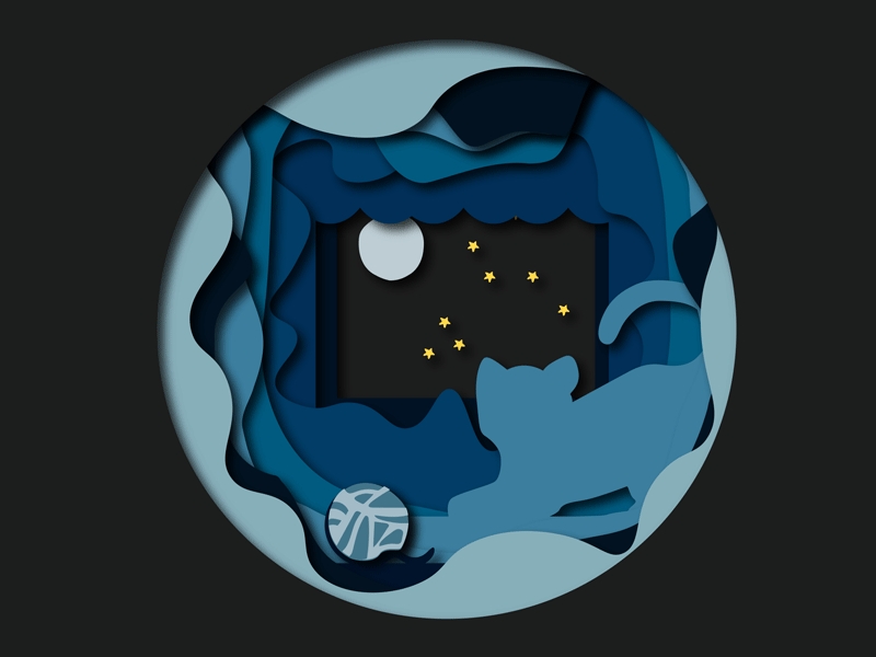 Sleepy Kitty Deconstruction blue cat illustration cats circle moon stars night paper cutout skillshare yarn