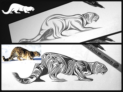 Hunting Snow Leopard animal bondii concept drawing hunting leobra linocut woodcut style logo mark sketch snow leopard