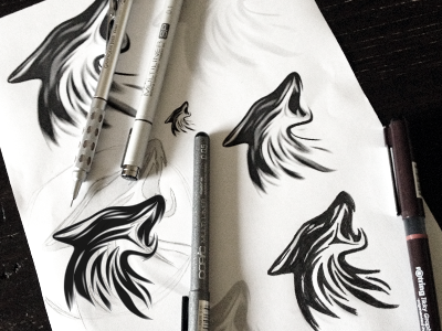 Wolf - Working Process barking growling howling linocut woodcut style logo design mark process whining wolf