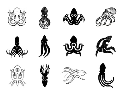 Squids & Octopuses - Logo Design Sketches brand identity design brand mark custom logo design illustration logo logo design logo designer logos marine logos octopus logo squid squid logo