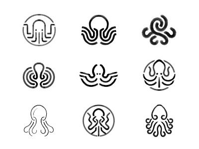 Squids & Octopuses - Monoline Logo Design Sketches II brand identity designer brand mark custom logo design identity designer illustration logo logo design logo designer logos marine logos octopus squid squid logo