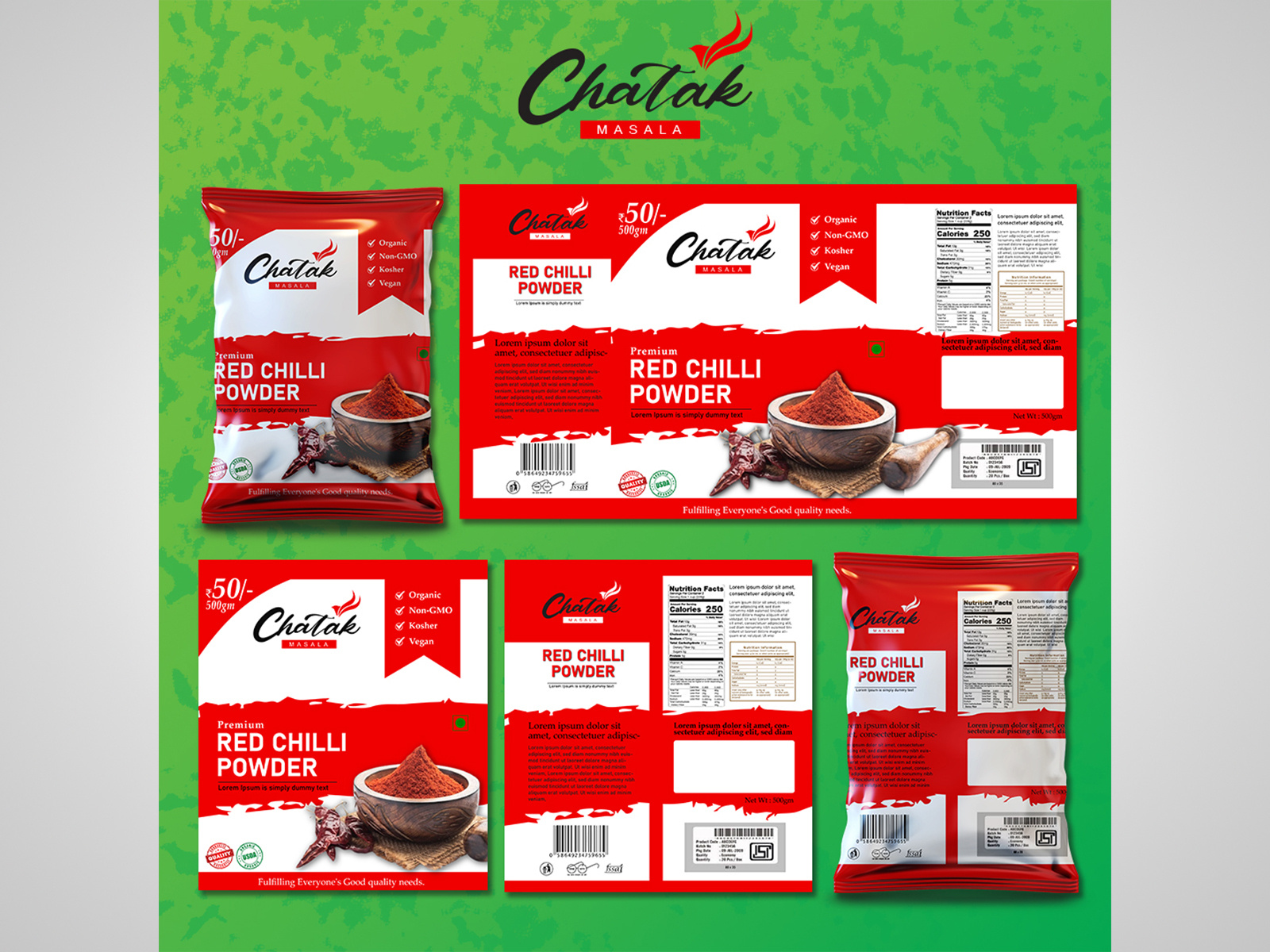 Red Chili Powder Packet Label Design With Mockup Poster by Marketorz on