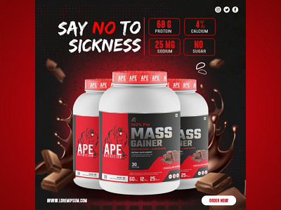 Mass Gainer Supplement (Ape Nutrition) Social Media Poster 3d branding design graphic design illustration label design logo package design packaging design social media poster ui vector