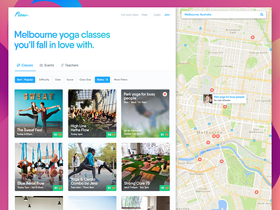 Flow Homepage cards filters google maps map yoga