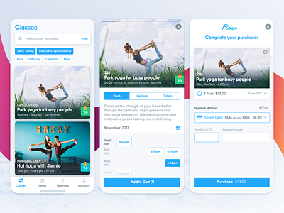 Yoga App: Cart Flow app calendar cards cart checkout credit card date selector mobile app shopping cart week yoga