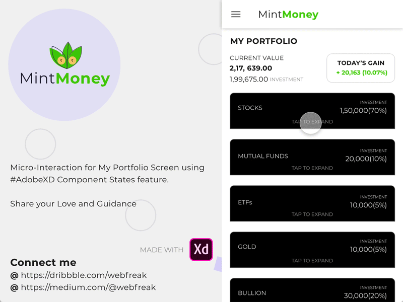 MintMoney App: Micro-Interaction for My Portfolio Screen adobexd animation app data visulization design experience experience design minimal personal finance stocks ui ux visual design