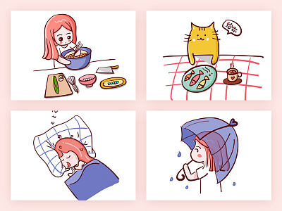 daily life breakfast cartoon cat girl illustration pink