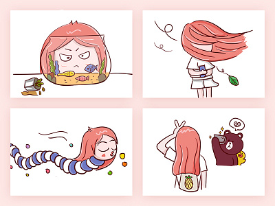 daily life 3 cartoon fish girl illustration line pink windy