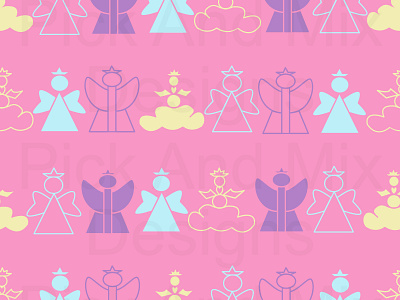 Pink Angels In A Row angels design drawing festive fun happy illustration lines pattern pink purple repeat rows seamless yellow