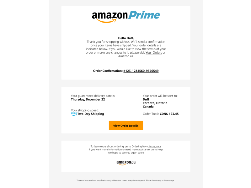 amazon.ca Email Order Confirmation by Duff Isberg on Dribbble