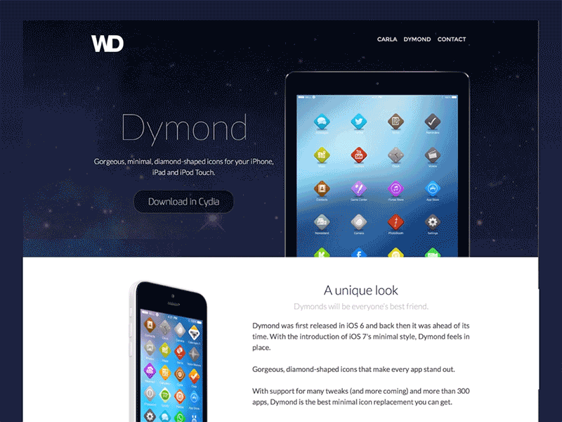 Dymond iOS 7 Website dymond icons ios ipad iphone theme universal webflow website winfis winterboard