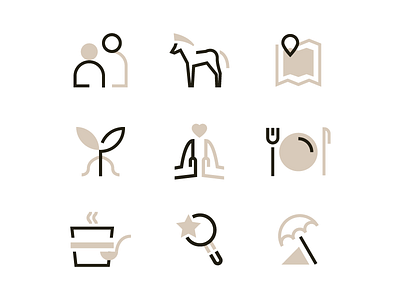 Icon set beach eco horse icon magnifier map nature pictogram restaurant sauna