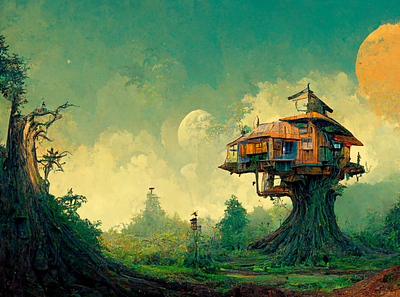 Tree house in the late sun fantasy game art illustration sci fi