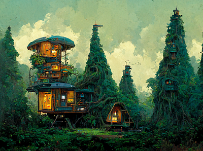 Tree House village at dusk book concept art game art illustration