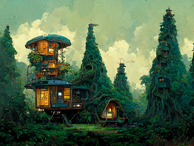 Tree House village at dusk