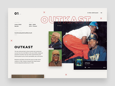 OutKast 90s andre3000 artist atlanta biography design hiphop music music app music player outkast profile rap southern typography ui ux vintage web webdesign