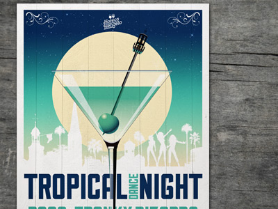 Poster artwork Tropical Dance Night cocktail dance event flyer hengelo margarita moon night ornaments poster silhouette tower tropical