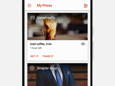 My Prizes screen android app card cards coupons feed material design ui