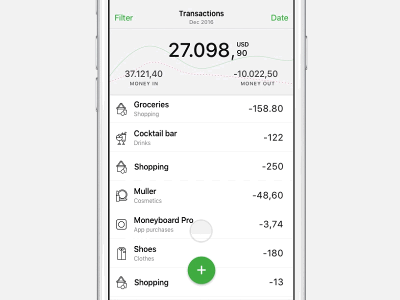 Transactions feed bank data date expenses track feed filter finance list money personal finance principle timeline