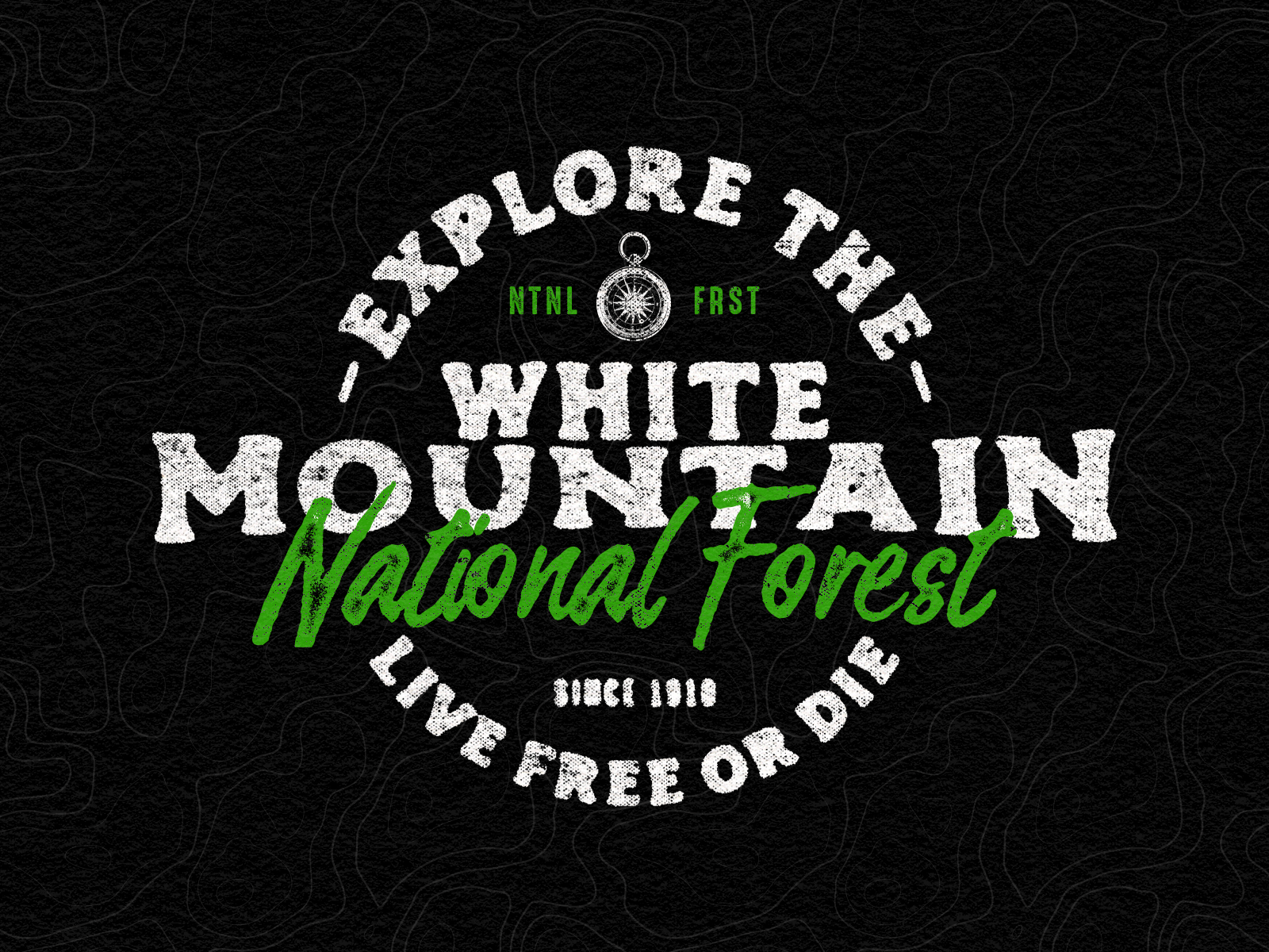 Explore the White Mountains merchandise tshirt rustic vintage national forest tourism new england new hampshire type lockup badge illustration texture typography graphic design design