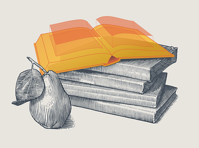 [Your narrative here] subtle update books drawing engraving etching fruit illustration illustrator narrative pear photoshop product design scratchboard stilllife