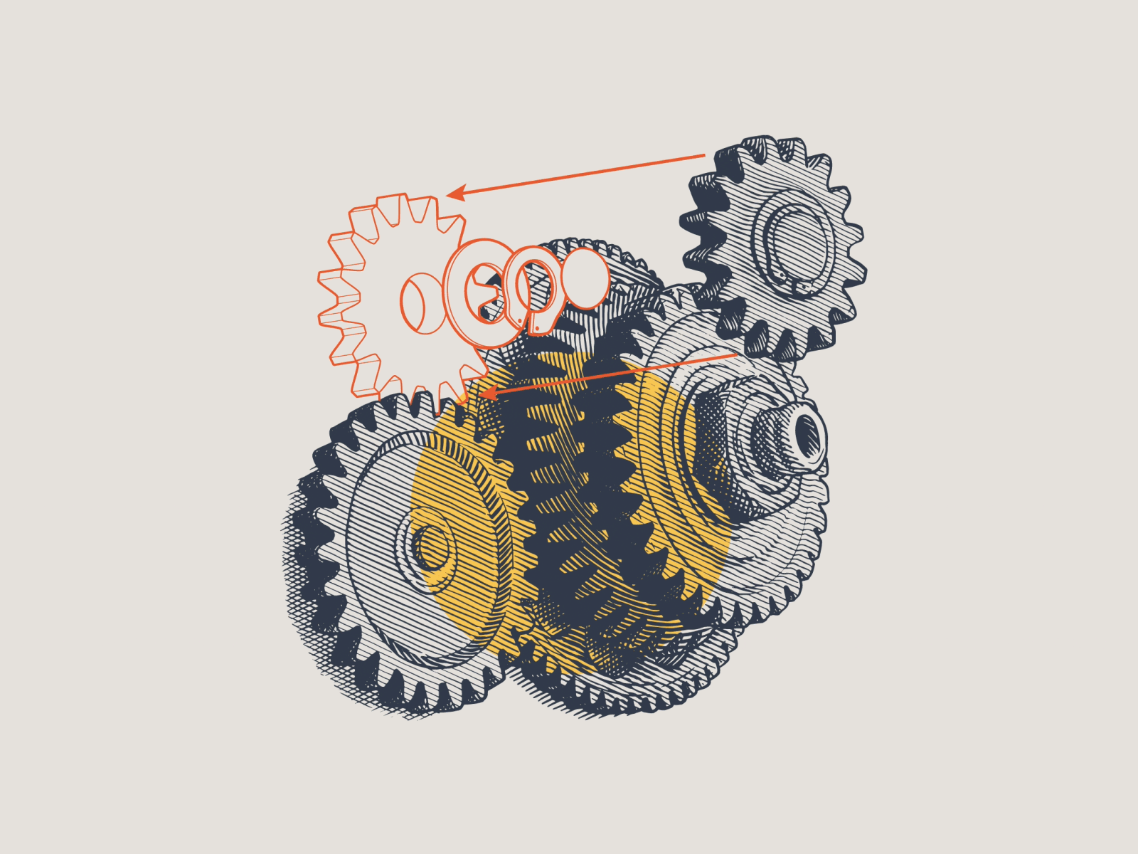 Implement build drawing engraving etching gears illustration