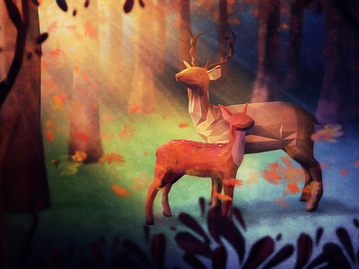 In The Woods 3d art deer fawn forest illustration low poly woods