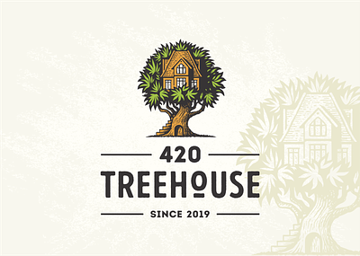 420 Treehouse cannabis hemp house illustration logo marijuana medical retro tree vector vintage