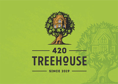 420 Treehouse 420 cannabis hemp house illustration logo marijuana medical marijuana retro tree vintage