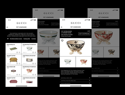 GUCCI Pet Homeware Concept Screens app concept design ui ux design