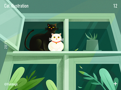 Sunbathing cat design green illustration plant window