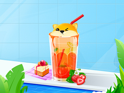 Happy holidays dog drinks food holiday illustraion isometric lemon plant strawberry swimming pool take a shower the cake
