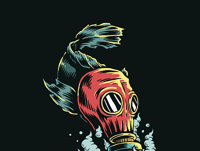 fish wearing gas mask in polluted water illustration. graphic design illustration