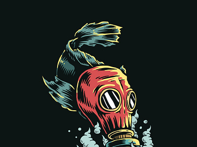 fish wearing gas mask in polluted water illustration.