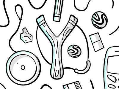 School essentials ball black bouncy dribbble flat icon illustration phone rock rubber ruler shot sketch sling slingshot stroke vector white yoyo