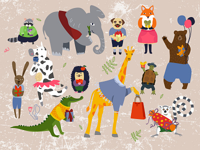 Animals with a gift character creative digital art illustration vector