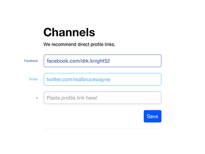 Social Channels Input inputs settings ui