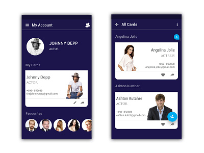 Business Card App cards concept contacts dribbble material movie profile share trending ui