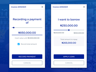 Invoicing App - Invoice Options amount app borrow invoice loan mobile modal options payment record state ui